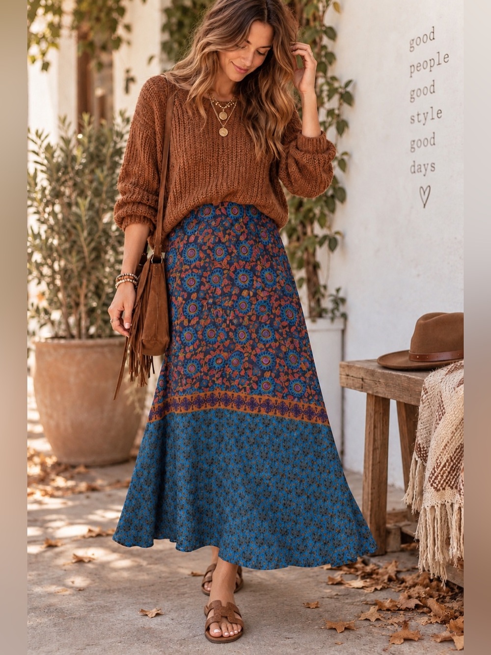 NATURAL LIFE Amy Maxi Skirt Blue and Rust Printed M Boho Fall West Coast